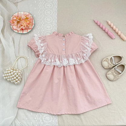 2026 New Summer Sister Clothing Short Sleeved Cotton Embroidery Kids Princess Dress 2-6Y Baby Girl Birthday Party Lace Dress