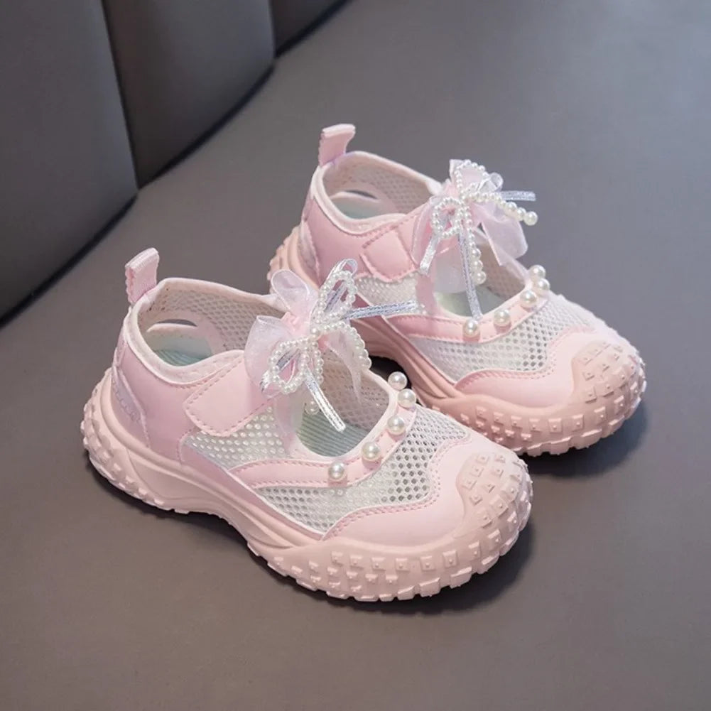 Girls Sports Sandals Sweet Lace Bows Beading Kids Casual Shoes Mesh Breathable Soft 2026 Summer New Children Princess Sandals