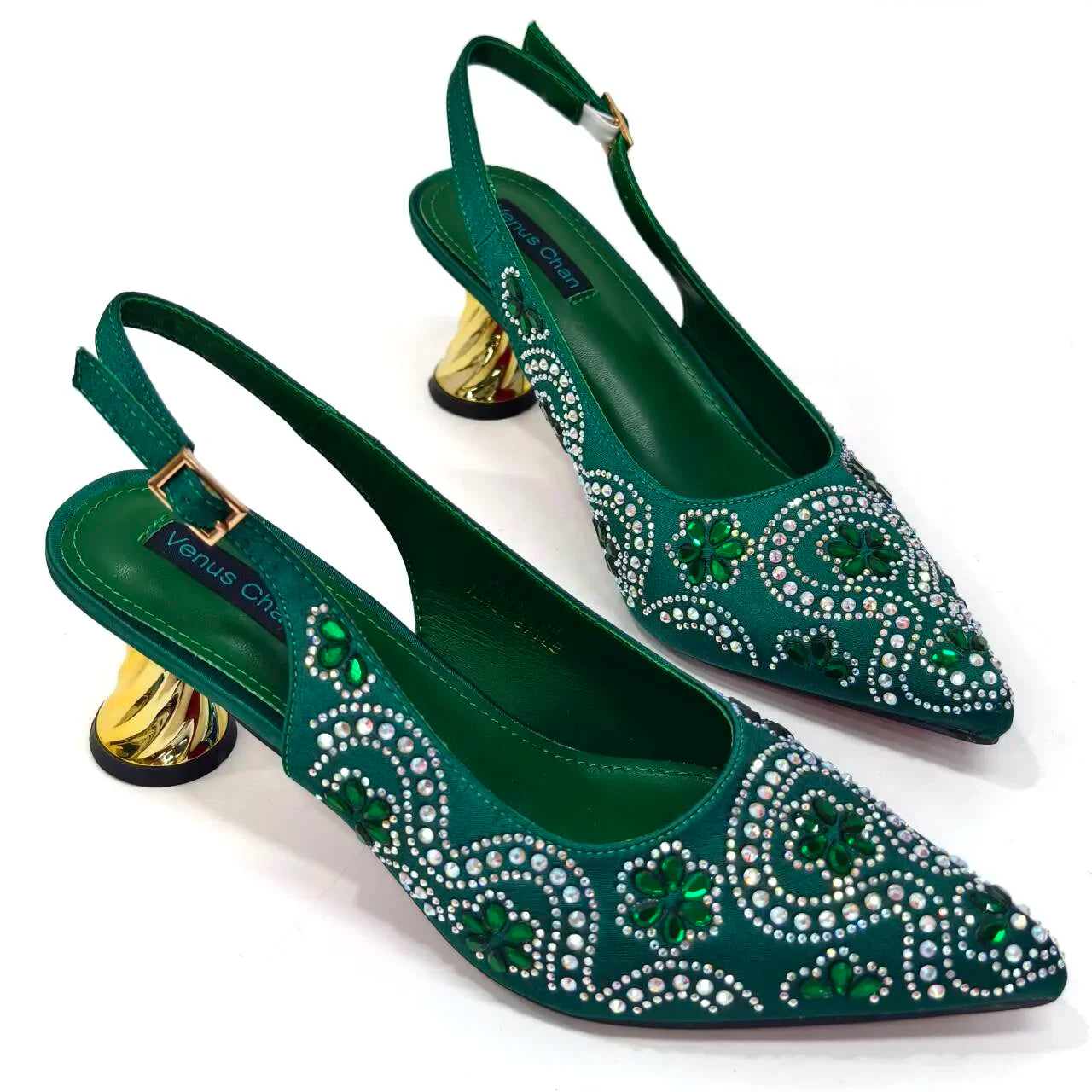 2024 Summer New Design Specials Italian Women Shoes and Bag Set in Royal Green Color Comfortable Heels With Rhinestone for Party