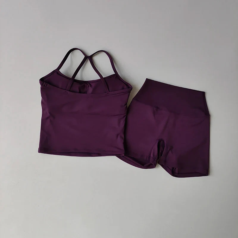 Women's yoga exercise set, popular slim shoulder yoga vest paired with high waisted, waist hugging, naked yoga three part shorts