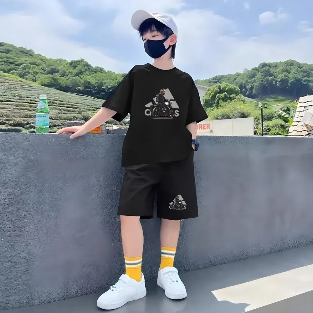 Kids black Summer Leisure Short Sleeve T-shirts+shorts Suits 3-12 Years Boys Girls Casual Outfits Children 2pcs Brand Clothes