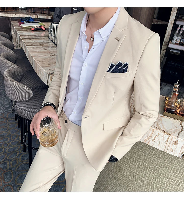 S-7XL Jacket + Pants / Luxurious High -end Brand Solid Color Men's Casual Business Slim Suit Two -piece Suit Groom Wedding Suit