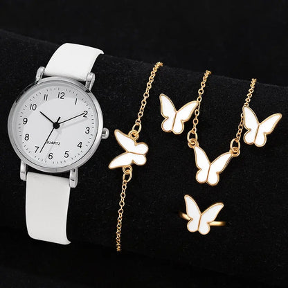 7pcs Women's Watch Fashion Casual Round Pointer Quartz Watch and Necklace Bracelet Ring Earring Set