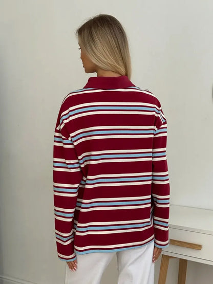Autumn Casual Stripes Contrast Long-sleeved T-shirt Women Button Lapel Polo Shirt Tshirts New Streetwear Retro Chic Tops 2025