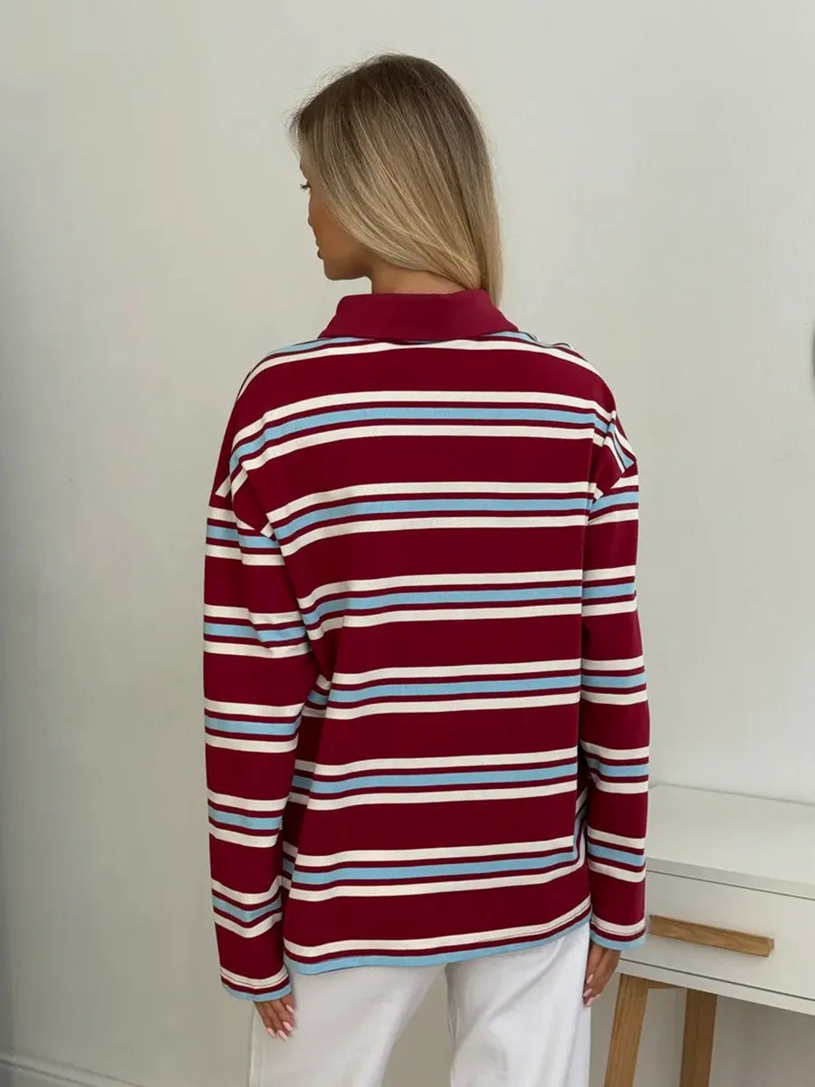 Autumn Casual Stripes Contrast Long-sleeved T-shirt Women Button Lapel Polo Shirt Tshirts New Streetwear Retro Chic Tops 2025