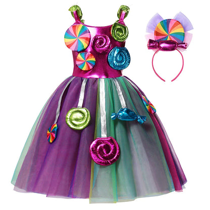 Girls Rainbow Dress Candy Costume Sweet Lollipop Festival Purim Carnival Party 3-10y Children Clothing with Candy Wing Stage Sho