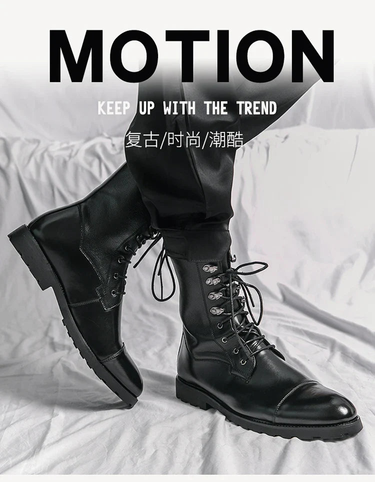 Men Lace Up High-top Boots Fashionable Outdoor Black Combat Boots