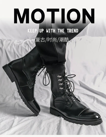 Men Lace Up High-top Boots Fashionable Outdoor Black Combat Boots