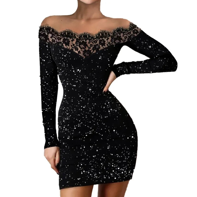 Womens Black Bodycon Dress Off Shoulder Hot Stamping Slim Fit Cocktail Party Evening Gown