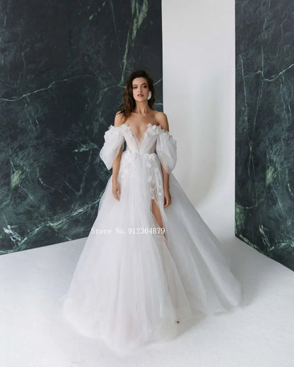 3D FlowerWedding Dresses with Detachable Sleeves Wedding Gowns Sweetheart Bridal Dresses Open Back Appliqued