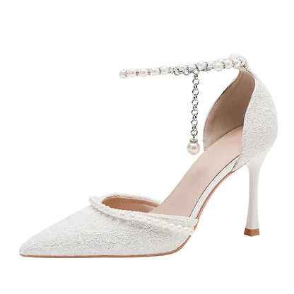 Size 30-44 Pearls Strap High Heels Lace Women White Wedding Shoes Stiletto Heel Point Toe Bride Bridesmaid