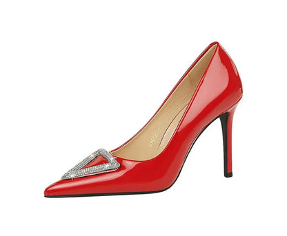 American Banquet High Heels Slim Heels Shiny Patent Leather Shallow Mouth Pointed Toe Shining Rhinestone High Heels Single Shoes