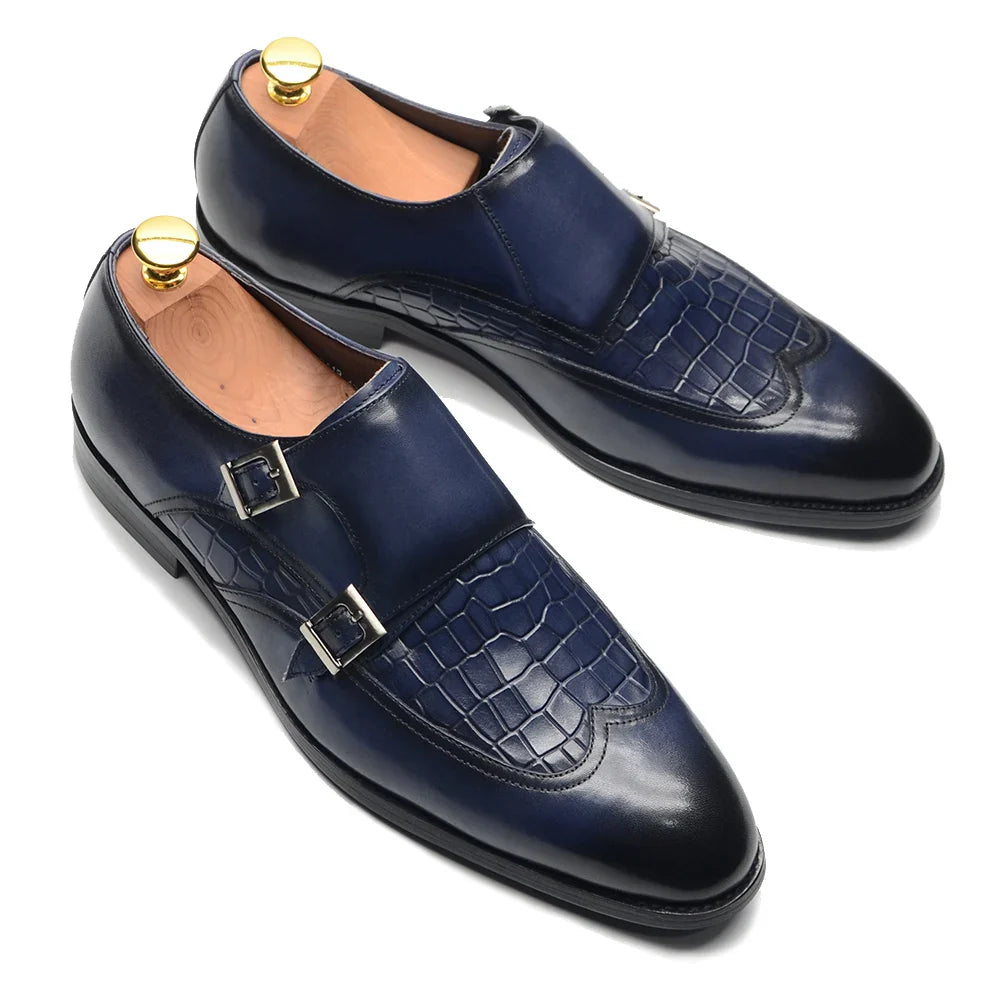 Classic Men's Genuine Leather Dress Shoes Double Buckle Monk Strap Wingtip Crocodile Print Business Office Formal Footwear Man