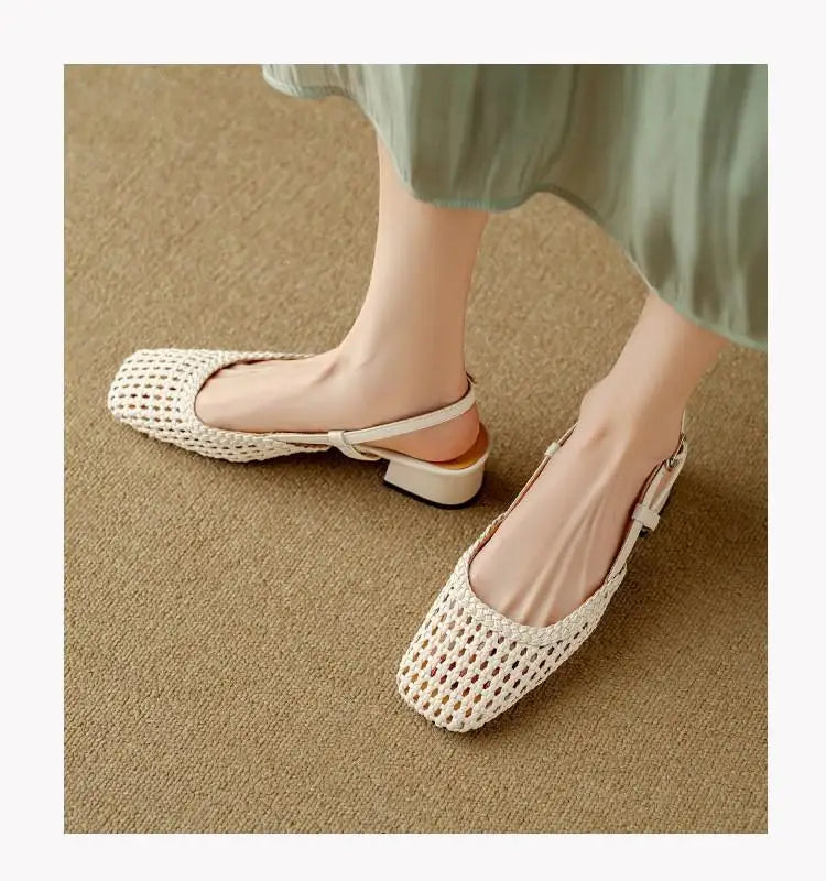 French square-toed woven high-heeled sandals, 2025 summer new skeletonized fashionable leather fabric mid-heel women's shoes