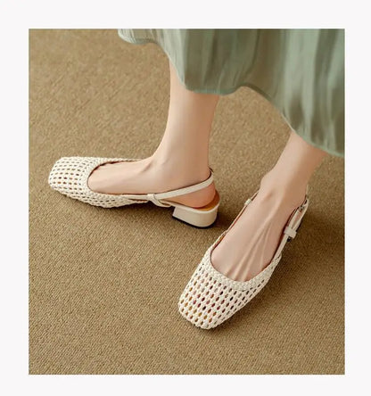 French square-toed woven high-heeled sandals, 2025 summer new skeletonized fashionable leather fabric mid-heel women's shoes