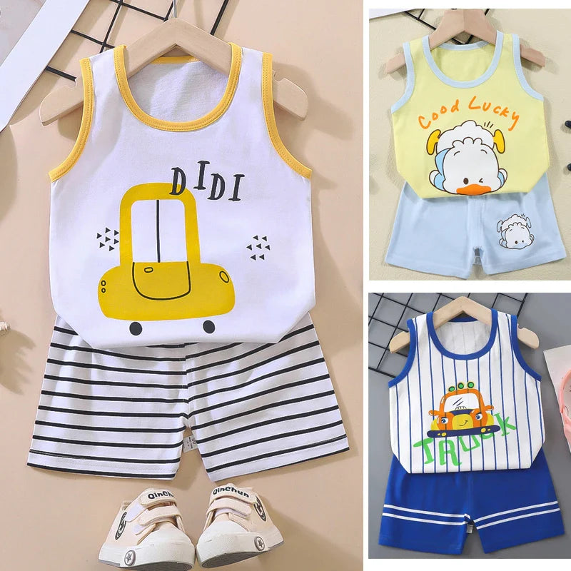 1 Set Summer Cotton Children Sets Kids Clothes Boys Girls Vest Suit Children's Clothing Baby T-Shirts Shorts Tank Top Sleeveless