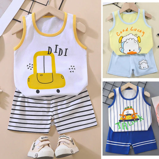 1 Set Summer Cotton Children Sets Kids Clothes Boys Girls Vest Suit Children's Clothing Baby T-Shirts Shorts Tank Top Sleeveless