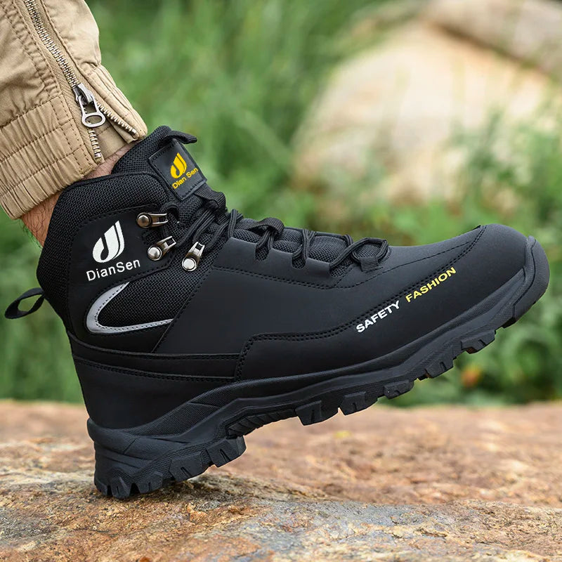 Men Work Boots Puncture-Proof Waterproof Work Shoes Steel Toe Safety Boots Industrial Indestructible Boots Side Leather Shoes
