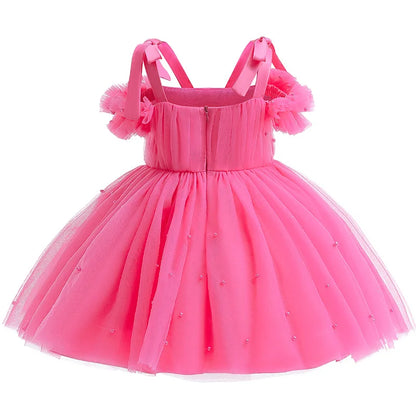 1 to 5 Yrs Kid Summer Baby Girls Ceremonial Dress Children's Pearl Tulle Princess Party Dresses For Wedding Tutu Perform Vestido