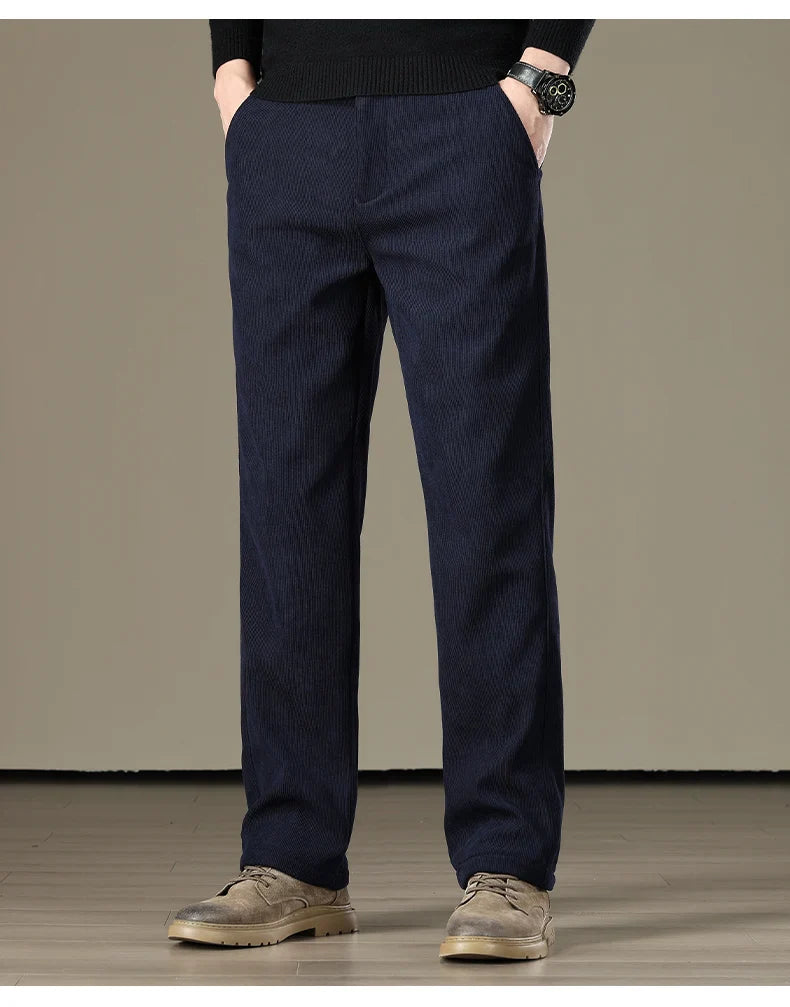 Winter Men Business Fleece Thick Casual Pants Straight Velvet Corduroy Warm Cold Resistant Bottoms Elastic Waist Trousers