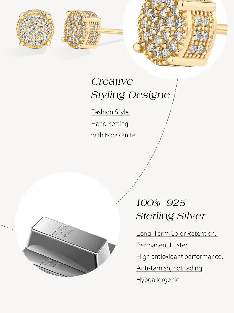 D VVS1 Round Full Moissanite Earrings for Women Men 925 Sterling Silver 18k Gold Shiny Hiphop Studs Party Gift Jewelry