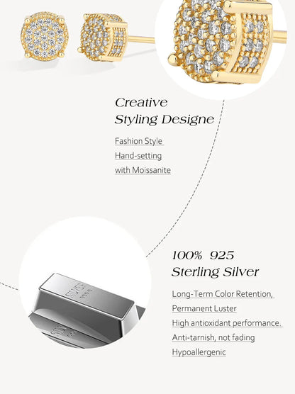 D VVS1 Round Full Moissanite Earrings for Women Men 925 Sterling Silver 18k Gold Shiny Hiphop Studs Party Gift Jewelry