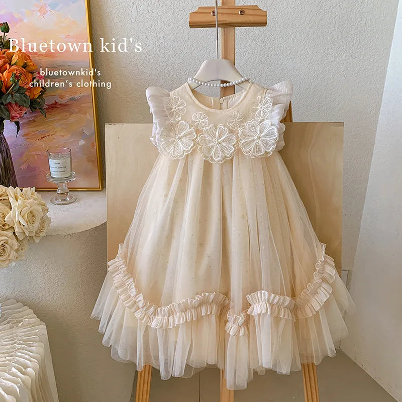 2025 Summer Dress for Girls with Flying Sleeves, Three-dimensional Flower Mesh Korean Version, Birthday Princess Fluffy Skirt