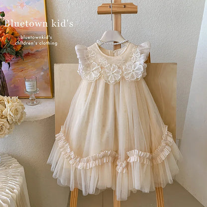2025 Summer Dress for Girls with Flying Sleeves, Three-dimensional Flower Mesh Korean Version, Birthday Princess Fluffy Skirt
