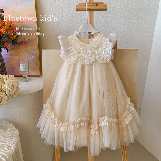 2025 Summer Dress for Girls with Flying Sleeves, Three-dimensional Flower Mesh Korean Version, Birthday Princess Fluffy Skirt