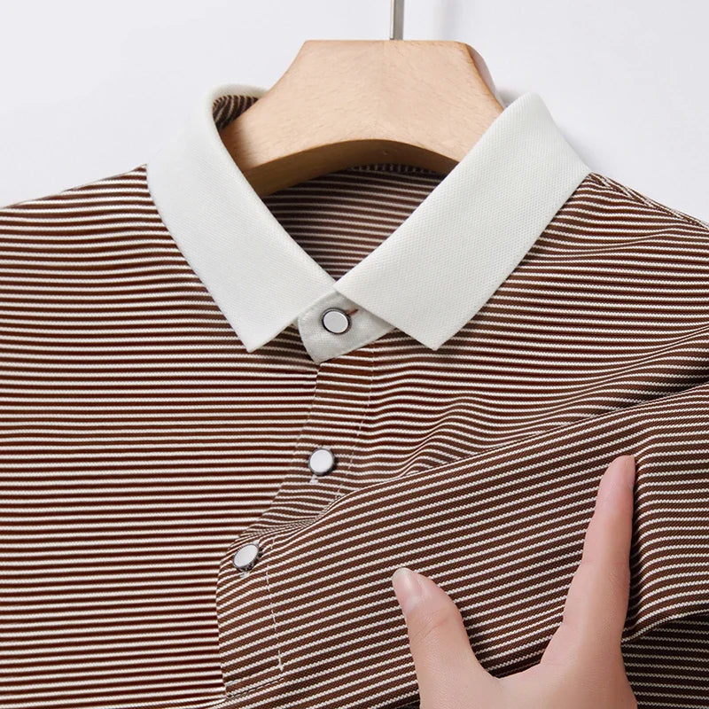 2024 Men's New Striped Cotton Business Casual Short Sleeved POLO Shirt Fashion Short Sleeved Comfortable and Breathable Top