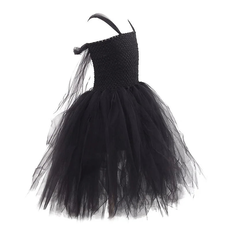 2-10Yrs Maleficent Girl Evil Queen Black Tutu Dress with Feather Scarf Halloween 2026 Villain Party Gothic Costume Gown Vestidos
