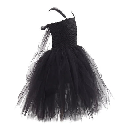 2-10Yrs Maleficent Girl Evil Queen Black Tutu Dress with Feather Scarf Halloween 2026 Villain Party Gothic Costume Gown Vestidos