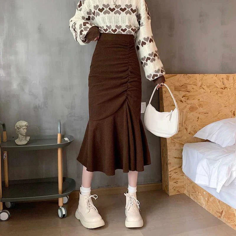 Lucyever Fashion High Waist Midi Skirts for Women 2025 Spring Slim Fit  Hip Mermaid Skirt Woman Korean Ruffles Brown Skirts 2XL