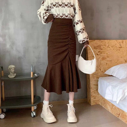 Lucyever Fashion High Waist Midi Skirts for Women 2025 Spring Slim Fit  Hip Mermaid Skirt Woman Korean Ruffles Brown Skirts 2XL