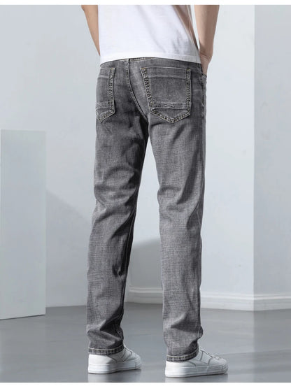 2022 Autumn Spring Fitted Straight Stretch Denim  Classic Style Badge Youth Men's Business Casual Jeans Trousers
