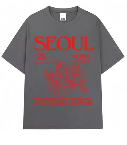 Korean Style Men Women Hibiscus Print Cotton Short Sleeve T-shirt,Oversized Harajuku Street Casual Tops