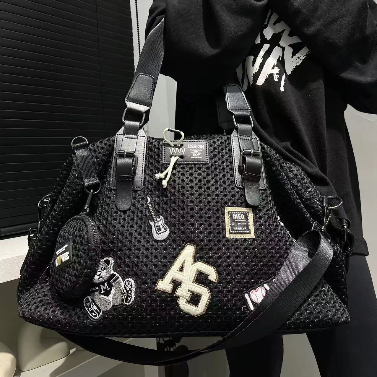 Fashionable women's mesh nylon adhesive tote bag, large capacity splicing shoulder bag, short distance travel casual handbag