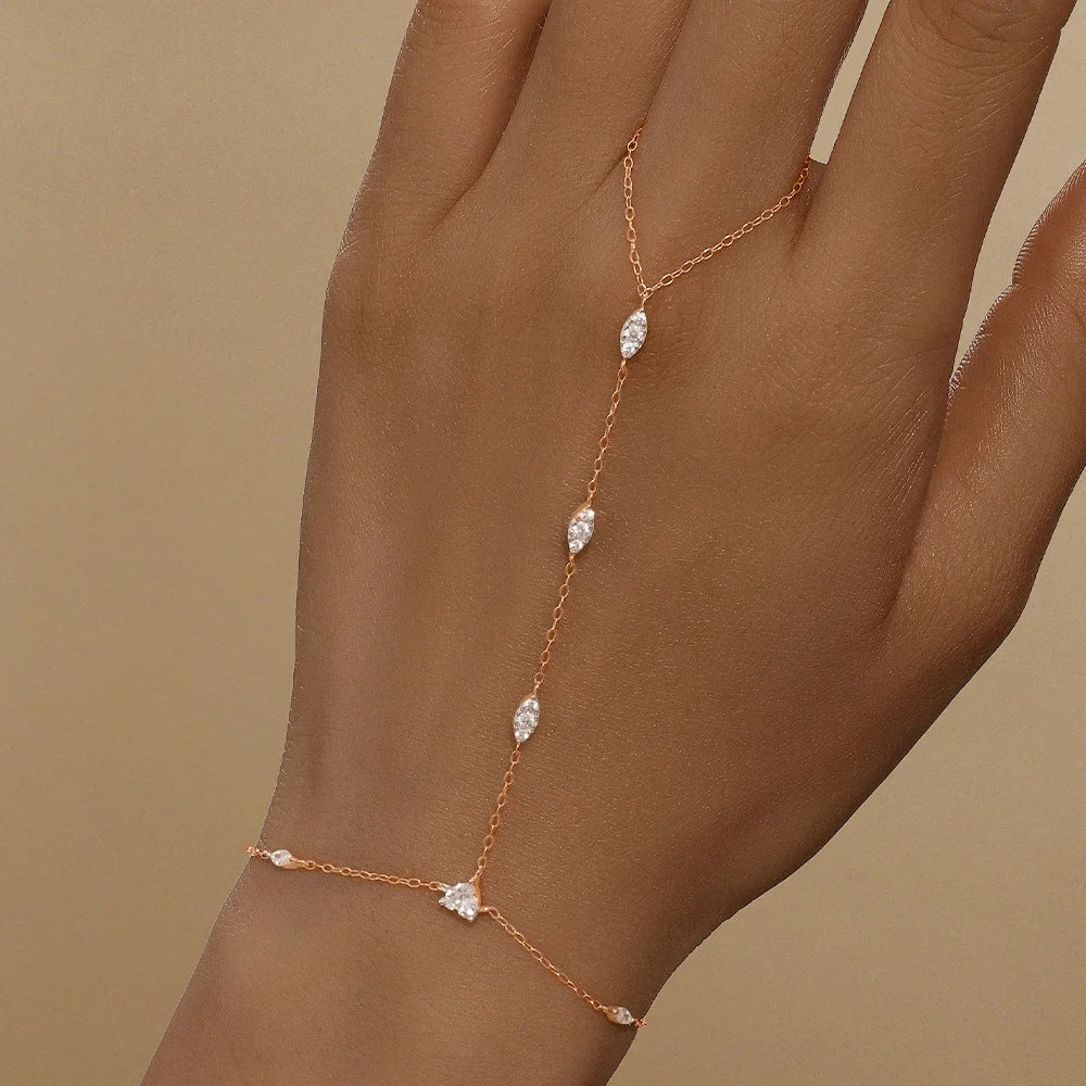 5A Zircon Finger Ring Chain Bracelets Horse Eye Lucky Clover Lab diamond Bracelet for Women Adjustable 925 Silver Jewelry