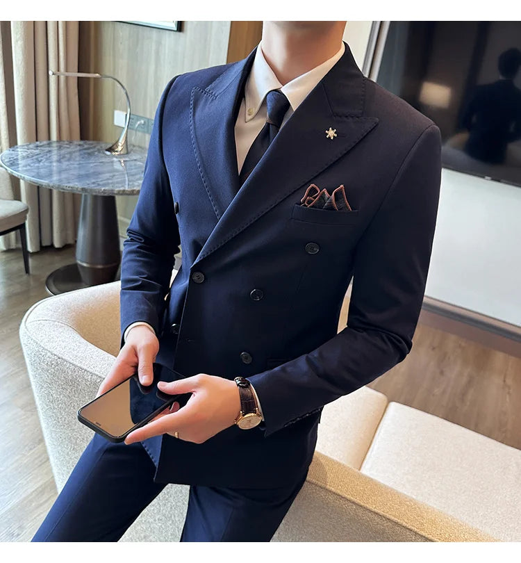 (Jackets+Pants) Luxury Double Breasted Design Slim Fit Suit High Quality Fashion Men's Wedding Social Suit Tuxedo 2 Piece Set