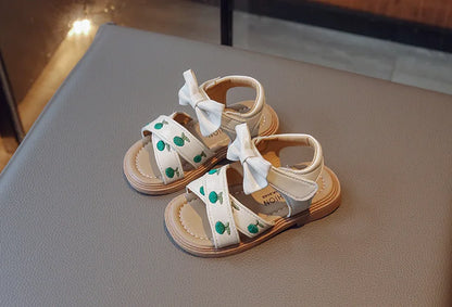 Baby Girls Leather Sandals Princess Sweet Kids Beach Sandals Summer New Children Toddlers Bow Sandals Embroidery Fruit Fashion