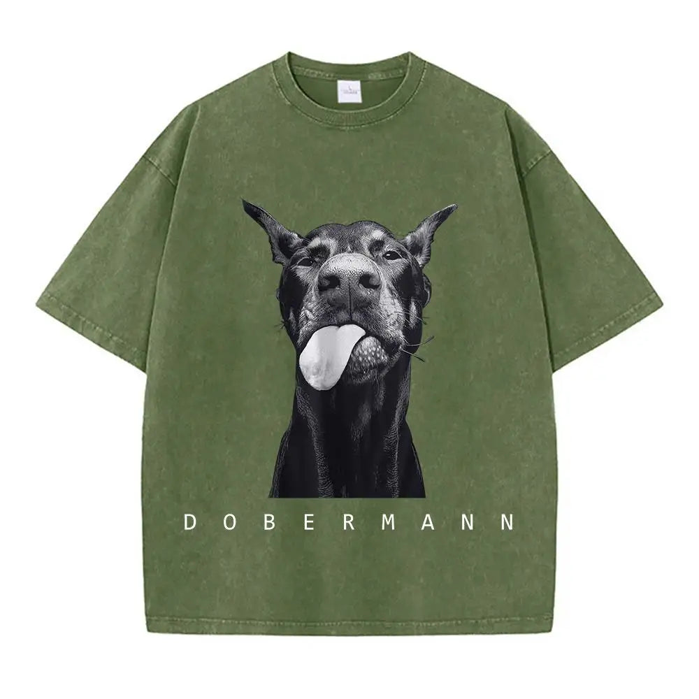 Camisetas femininas de algodão lavadas, moda criativa, estampa de Doberman, manga curta, gola redonda, folgadas, estilo destroyed, roupas femininas de rua