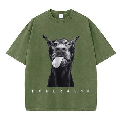 Camisetas femininas de algodão lavadas, moda criativa, estampa de Doberman, manga curta, gola redonda, folgadas, estilo destroyed, roupas femininas de rua