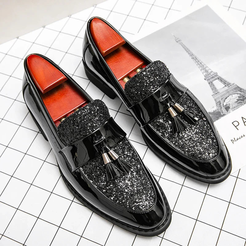Men's Sequined Leather Dress Shoes – Shiny Formal Party Footwear, Black/Gold, EU 40–47