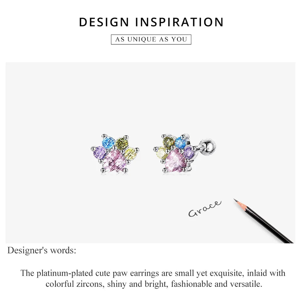 925 Sterling Silver Animals Cute Paws Rainbow Stud Earrings For Women Heart Oval Flower Zircon Crab Ear Studs Jewelry Gift
