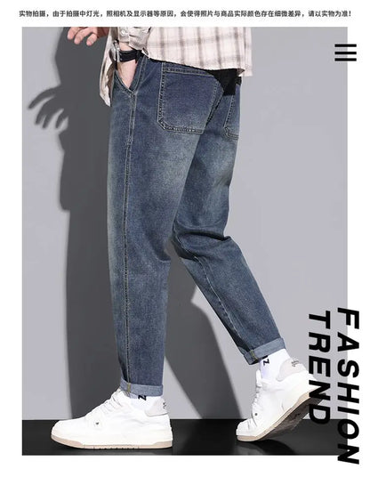 Retro American Style Men's Jeans Loose Fit Heavy Casual Slim Leg Cotton Pants Elastic Waist Korean Denim Jeans for Spring Autumn