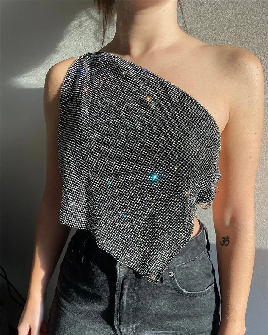 Shiny Rhinestone Metal Camisole For Women Sexy Backless Single shoulder Side Split Tank Tops Cocktail Party Club Crop Top Y2K