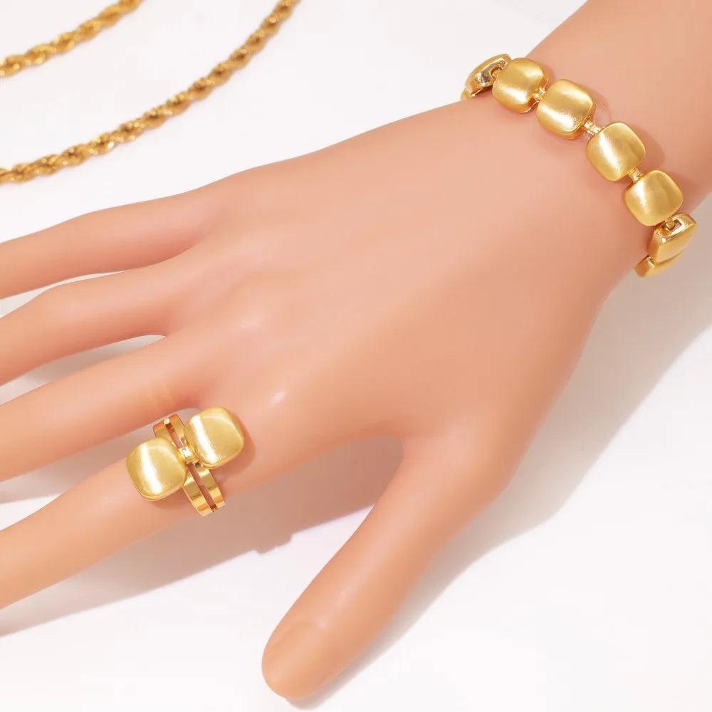 Dubai Gold Color Jewelry Set Classic Square Geometry Necklace Earring Bracelet Ring For Women Christmas Gifts 2025 New