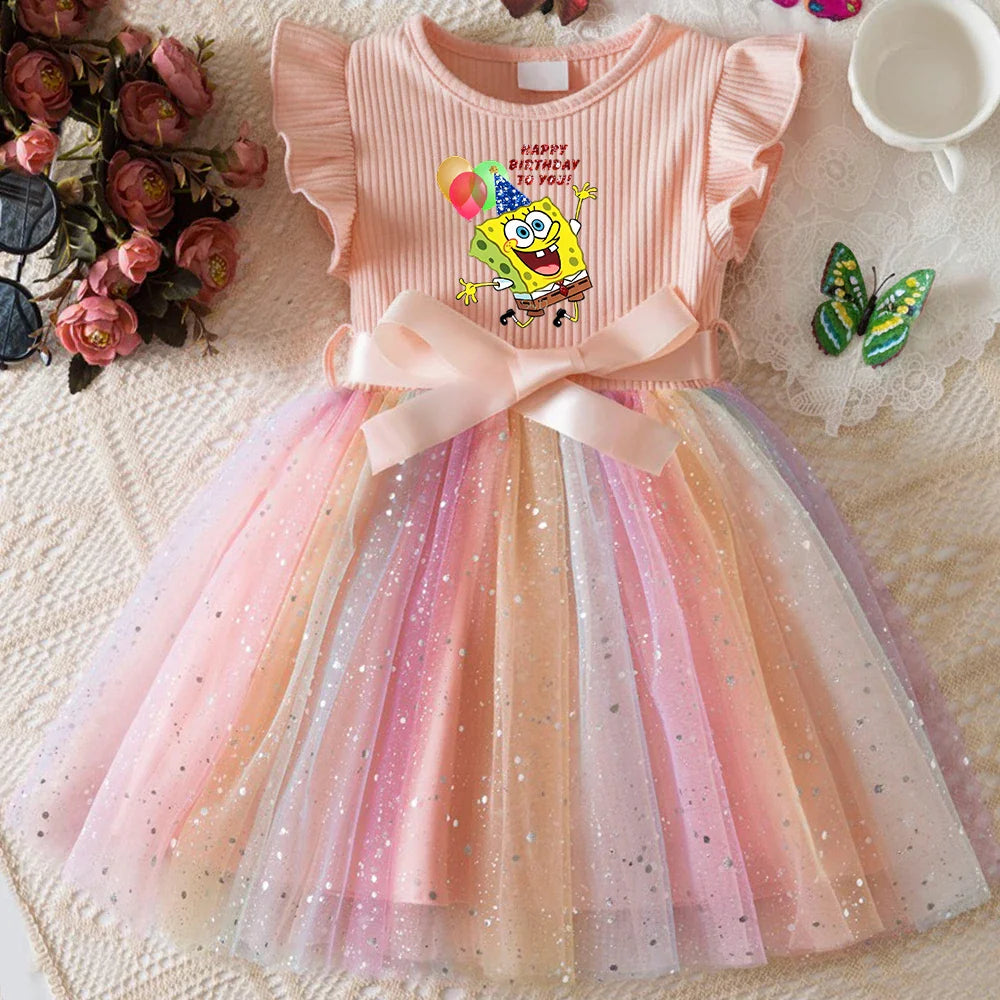 Sweet Girls Flying Sleeves Bow Sequin Dress Kids Baby Girl Birthday Party Fluffy Tutu Princess Dress 1-5Y