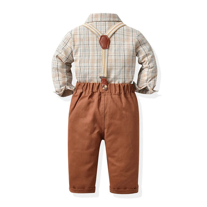 Boy Autumn Cotton Long Sleeve Plaid Shirt and Strap Pants Set Boys' Strap Pants Set Boy Red Pants and Shirts for 70cm-160cm