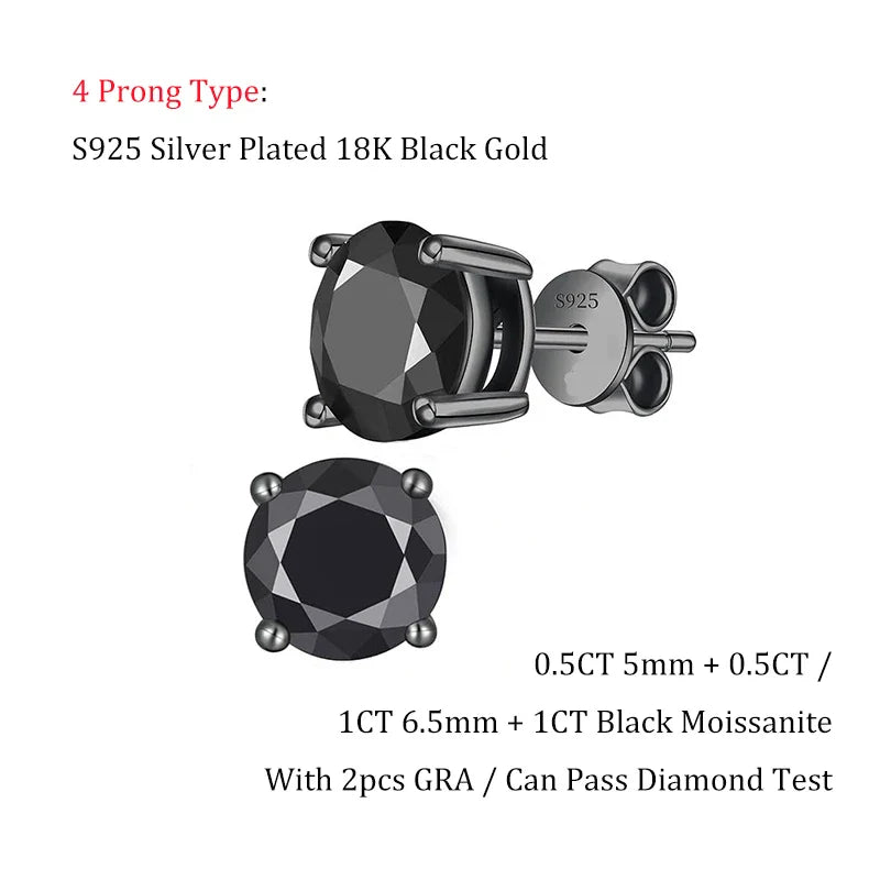 4 Claw GRA Certified 0.5/1CT Black Moissanite Earrings for Women Man Unisex 925 Silver Plated 18K Black Gold Party Ear Stud